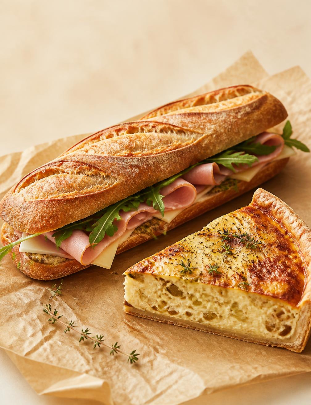 Sandwich baguette jambon-beurre et part de quiche sur papier kraft