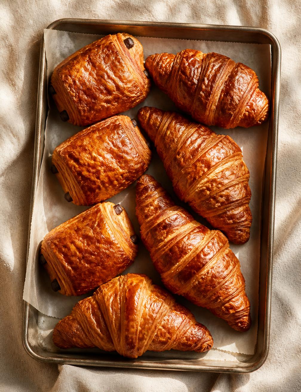 Croissants pur beurre dorés sur plaque de cuisson